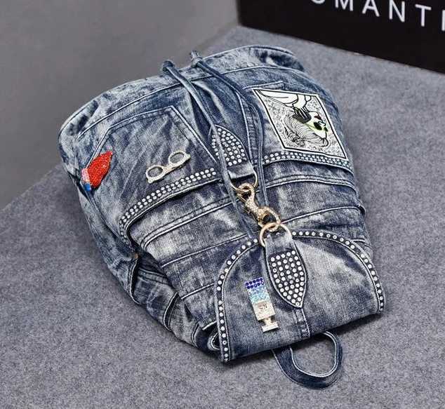New in Fashion Denim Women Casual Backpack Large Capacity Jeans Shoulder Bag with Diamond Dec Female Backpacks Z250512