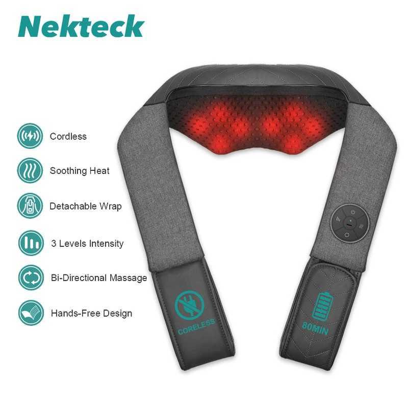 Nekteck Shiatsu Back Shoulder and Neck Massager Cordless Deep Tissue Kneading with Heat Portable Neck Massage Pillow Home UseW250512