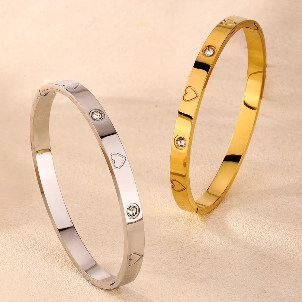 Htpwe Stainless Steel Zirconium Embossed Bracelet Set For Women 18k Gold Plated Couple Holiday Gift Party Daily Jewelry 250512