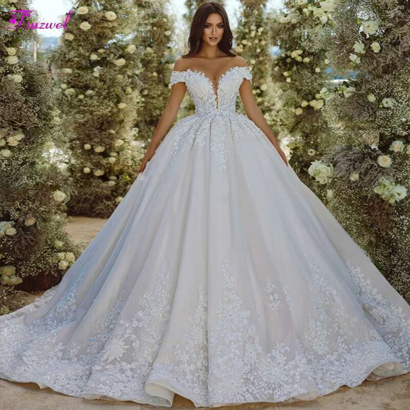 Fsuzwel Exquisite Appliques Court Train Ball Wedding Dress Sexy Off Shoulder Beading Princess Bridal Gown Customized