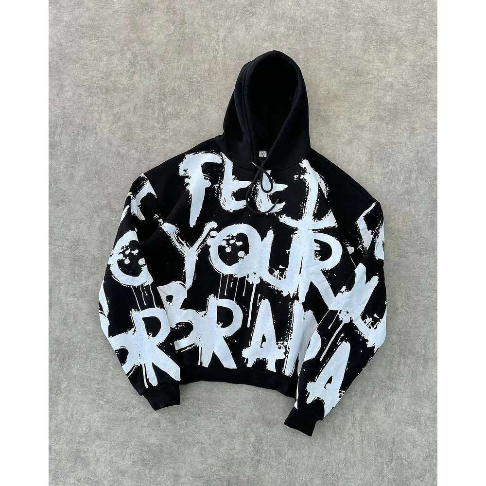 Trendy Letter Graffiti Print Hoodie Classic Retro Skateboard Hip Hop Street Casual Oversized Sweatshirt Haruku Sports Designer