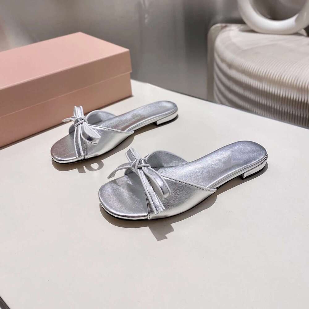 New Women Genuine Leather Slippers Butterfly Knot Low Heels Summer Slides Solid Colors Designer Shoes Zapatillas De Mujer