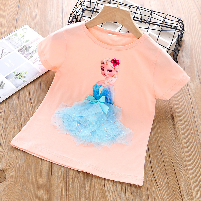 DISNEY Frozen Princess Elsa kids designer clothes Girl short-sleeved T-shirt summer three-dimensional princess for small children half-sleeve comforta