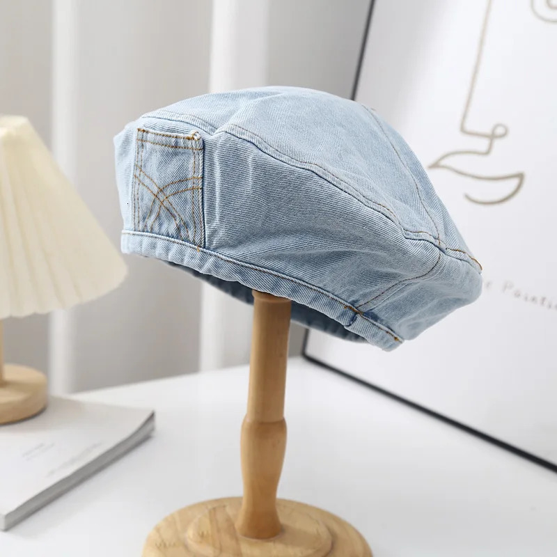 Womens Artistic Style Retro Washed Cotton Denim Pocket Headwear Fashion Painter Caps Beret Hat 250512