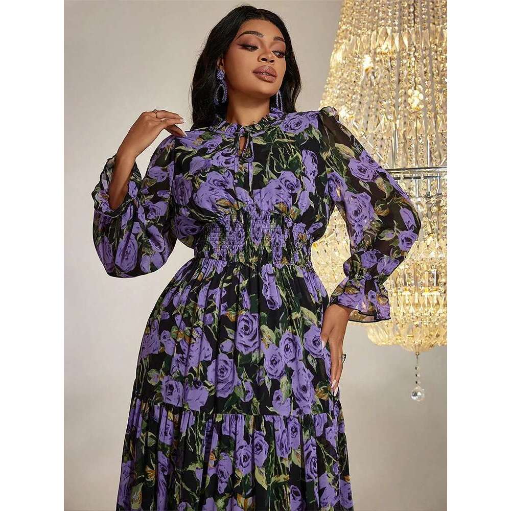 TOLEEN Women Plus Size Maxi Dresses Sweet Print Birthday Party Vintage Chiffon Lantern Sleeve Elegant Dress