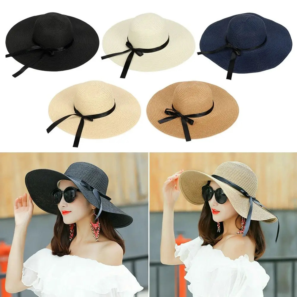 Women Beach Hat Foldable Floppy Straw Caps Big Wide Brim Summer Bow Cap Sun 250512