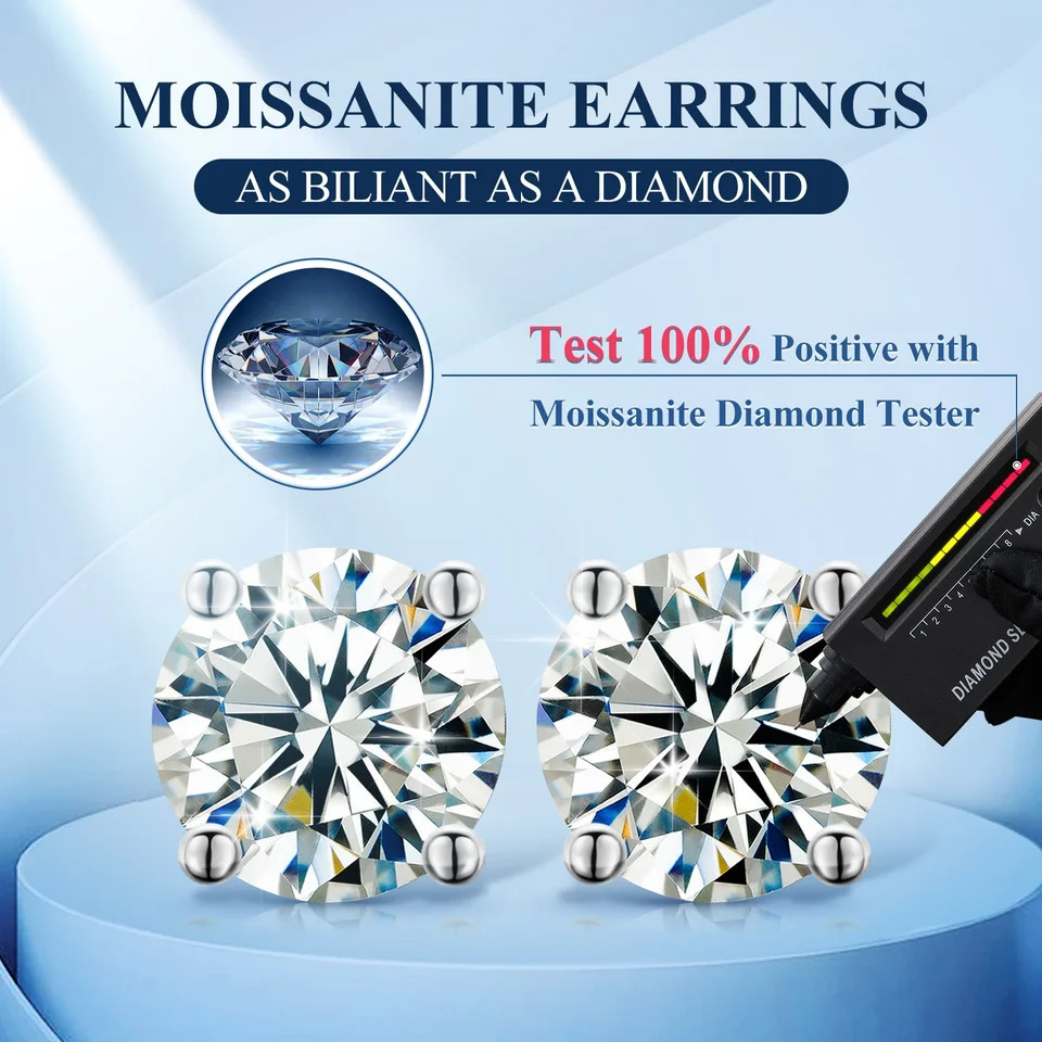 ICEOUTBOX 925 Sterling Silver 0.1-4CT Test Passed Diamond Studs Earrings for Women Wedding Fine Jewelry Gifts 250512