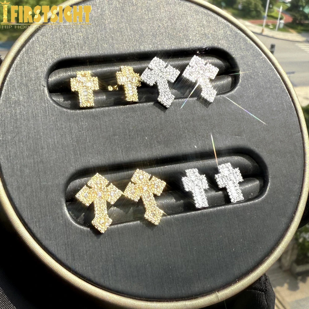 Punk Cross Stud Earring for Men Iced Out Zirconia Hip Hop Gold Color Womens Men Fashion Jewelry 250512