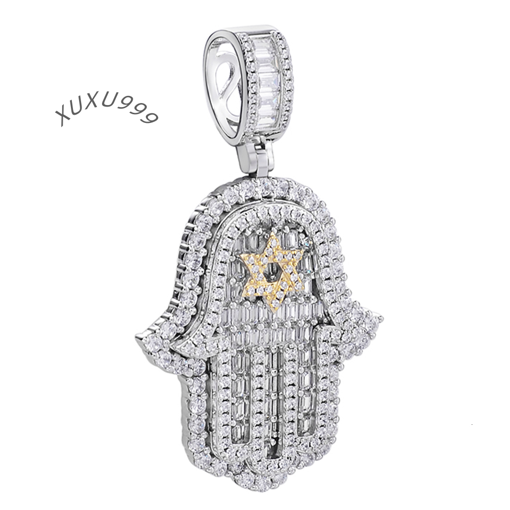 Hiphop Jewelry Baguette Cz Diamond Hamsa Hand Mens Fatima Pendant