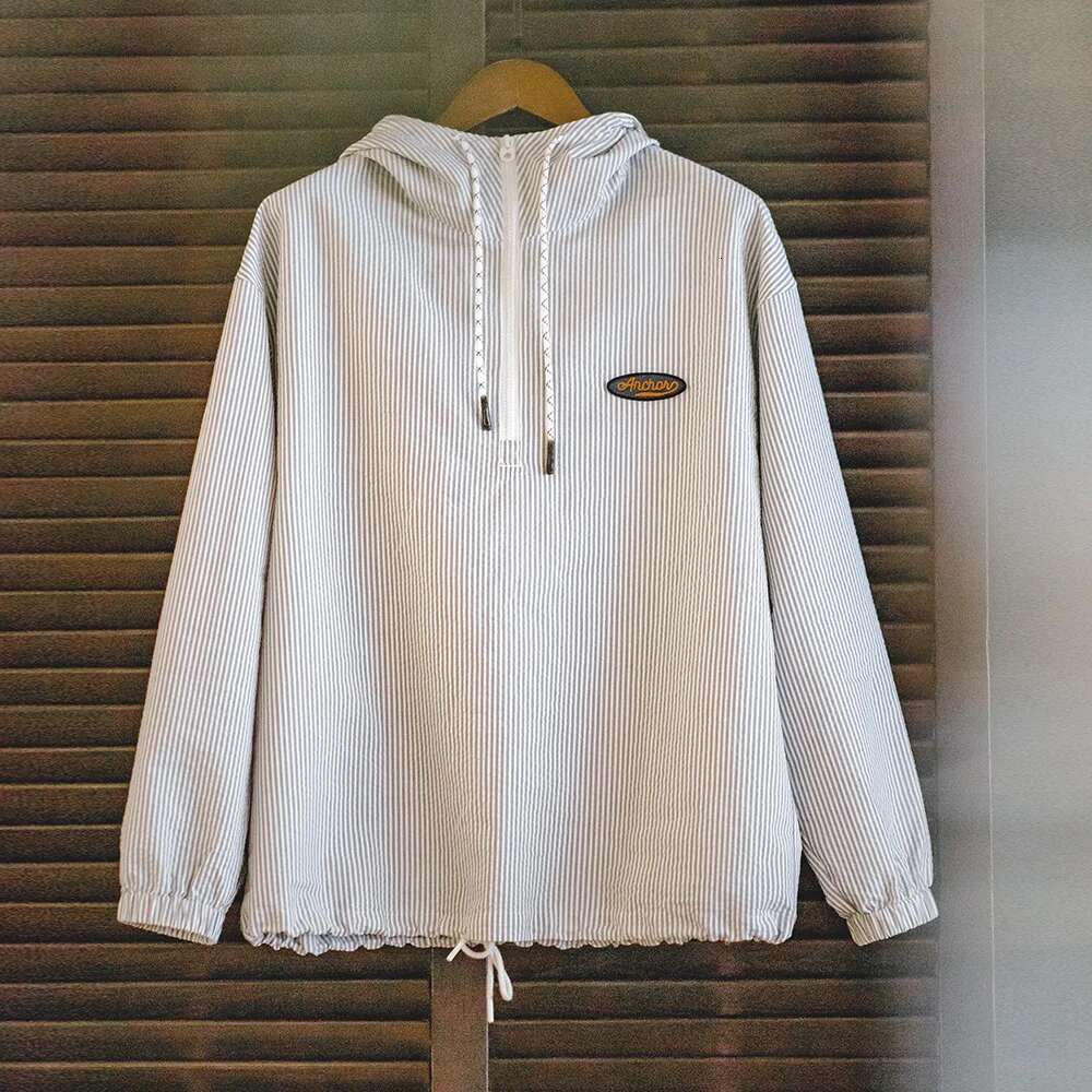 Maden Men Hooded Sweatshirt Gray White Striped Seersucker Pullover Top Spring And Summer Breathable Men's Clothes Hoodies Designer