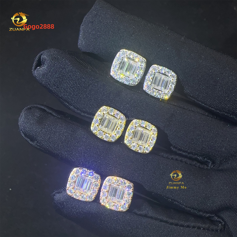 New Arrivals Bulk Stock Iced Out Man Stud Earrings Baguette Moissanite Diamond Screw Back Setting Hip Hop Stud Earring 925