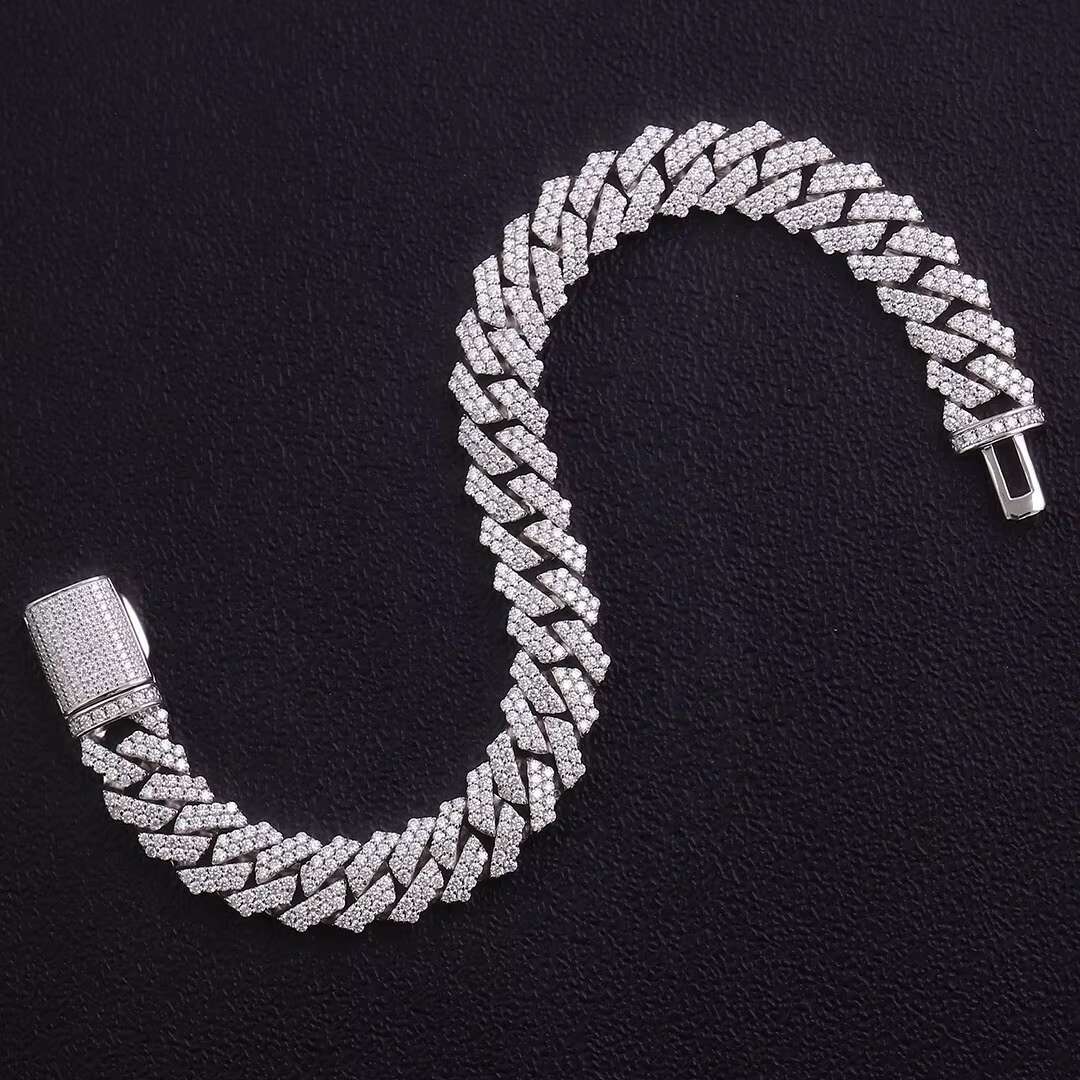 Hip-hop Rap Style Cuban Link Bracelet Chain 925 Sterling Silver Moissanite Diamond 12mm 2 Row Stones Twinkle Jewelry