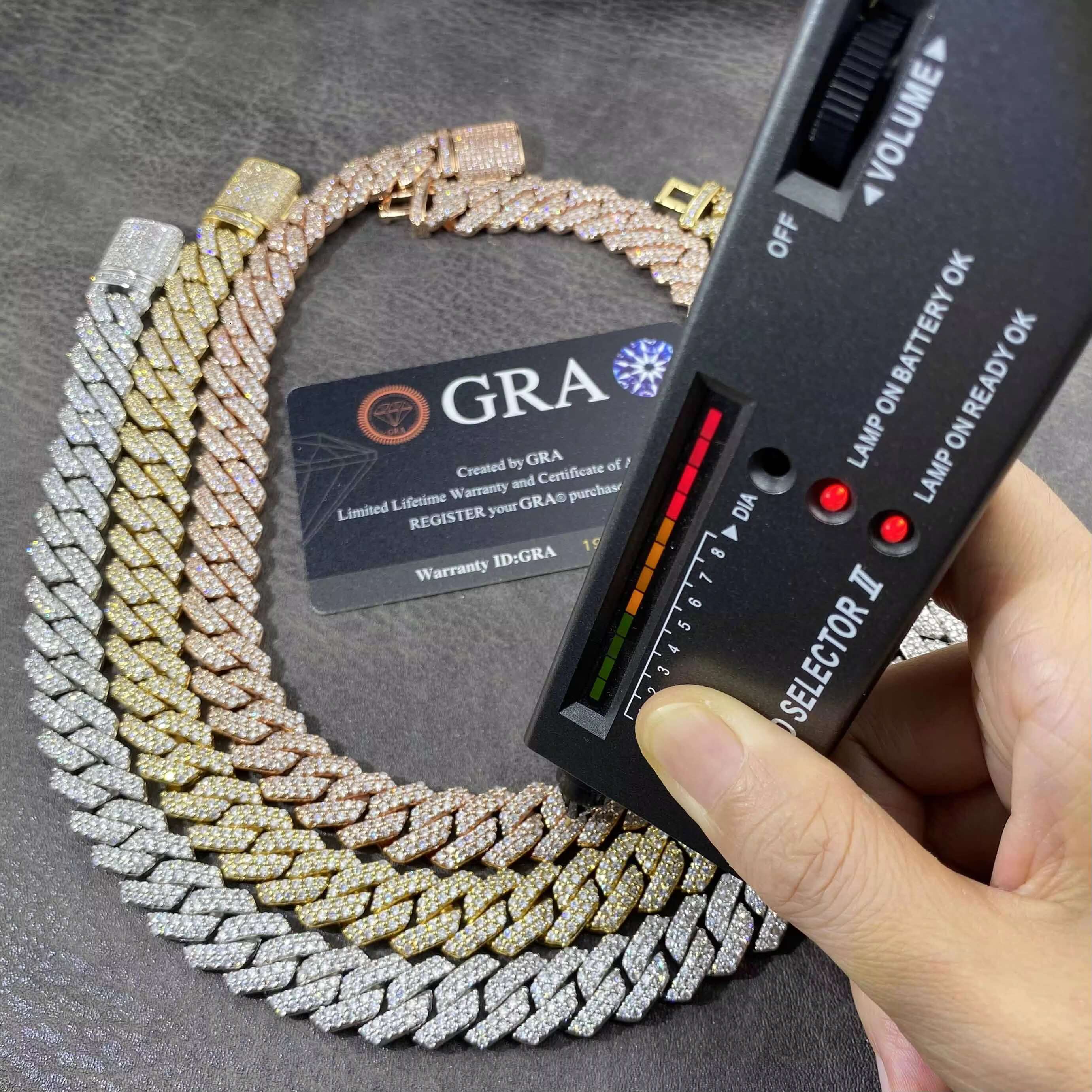 Dia Tester GRA Moissanite rapper hip hop Sier 14mm cuban link chain bracelet Custom Hip Hop Fine Jewelry