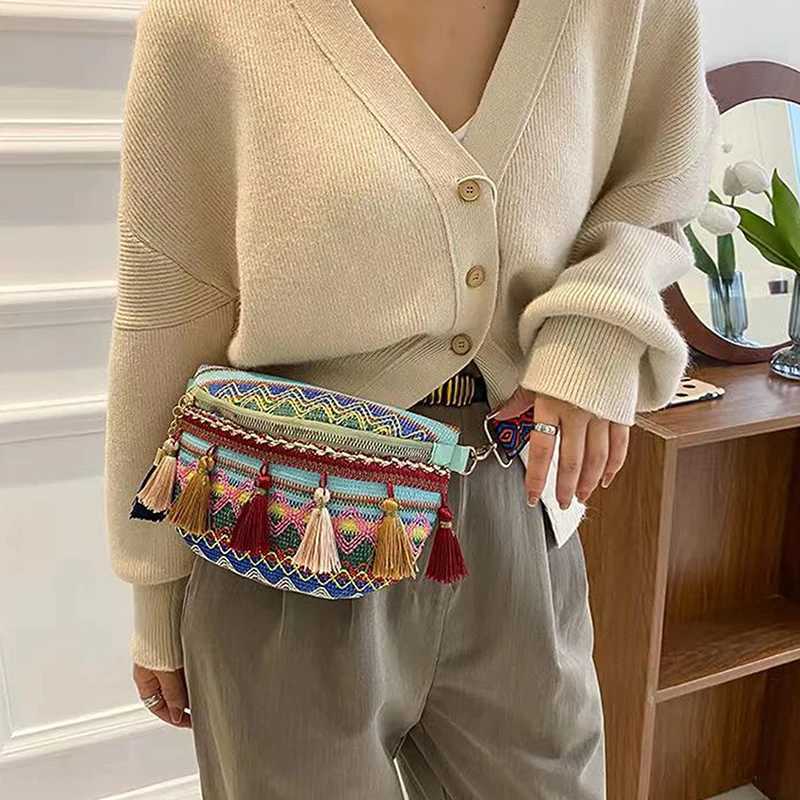 Women Folk Style Waist Bags with Adjustable Strap Variegated Color Fanny Pack with Fringe Decor Crossbody Chest BagsXJ250512