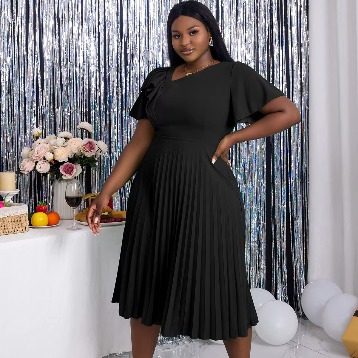 Simple Plus Size Dresses Summer Pleated A-Line Ruffle Fashion Short Sleeve Oblique Collar Young Girls Out Going Wear AM211235