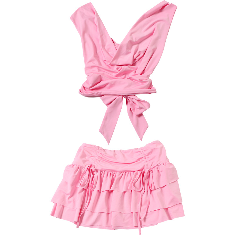 Chic 2 Piece Set Women Sexy Halter Swing Collar Tank Tops+Tierred Skirts Matching Beach Party Vacation Elegant Clubwear