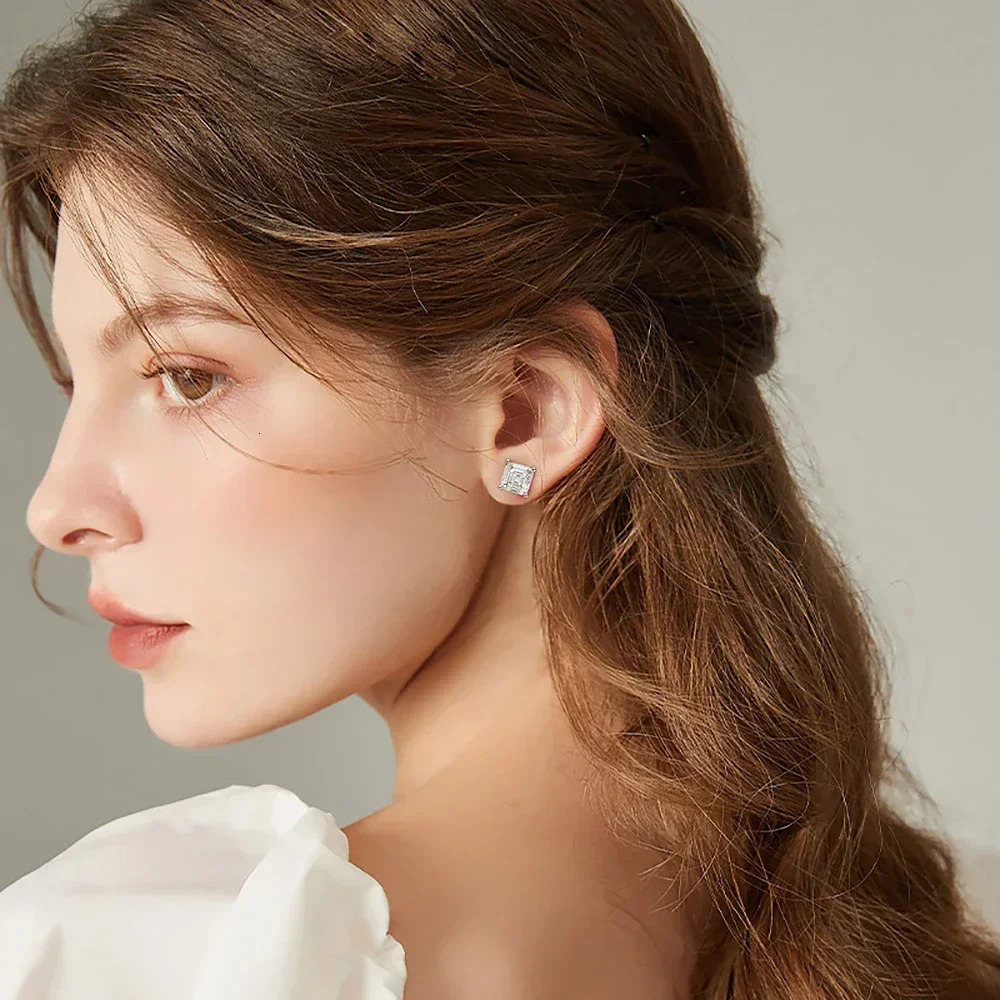 4cttw Asscher Cut Stud Earrings with Certificates S925 Silver Plated Gold 7mm Lab Diamond Ear Studs for Women 250512