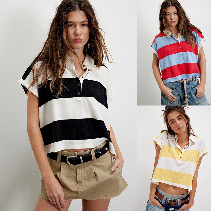 selling womens clothing personalized casual striped polo womens short sleeved loose T-shirt 250512