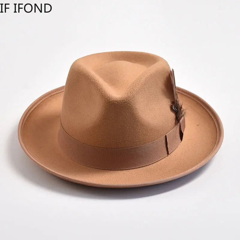 Handmade Feathers Felt Fedora Hat Vintage Men Panama Trilby Hats Curved Brim Gentleman Party Dress Cap 250512
