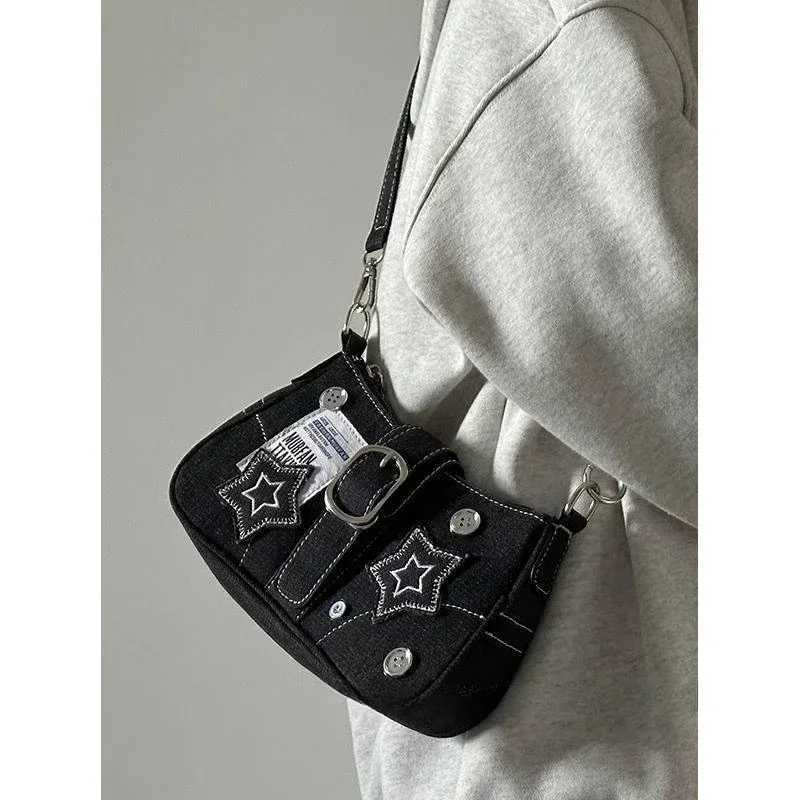 Y2K Women Korean Harajuku Goth Star Girl Black Hand Bag Fairy Grunge Aesthetic Wallet Shoulder Handbag Purses Baguette Tote BagsW250512
