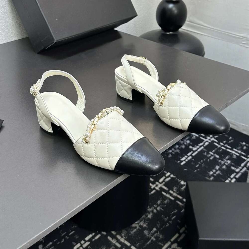Women Size35-41 Genuine Leather Pumps Slingbacks Med Heels Pearl Chain Sandals Sewing Designer Shoes Zapatillas De Mujer