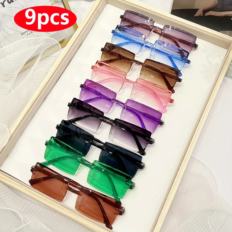 9pcs Rectangle Fashion Sunglasses For Women Men Cute Candy Color Decorative Shades Vacation Beach Party Glasses UV400 250512