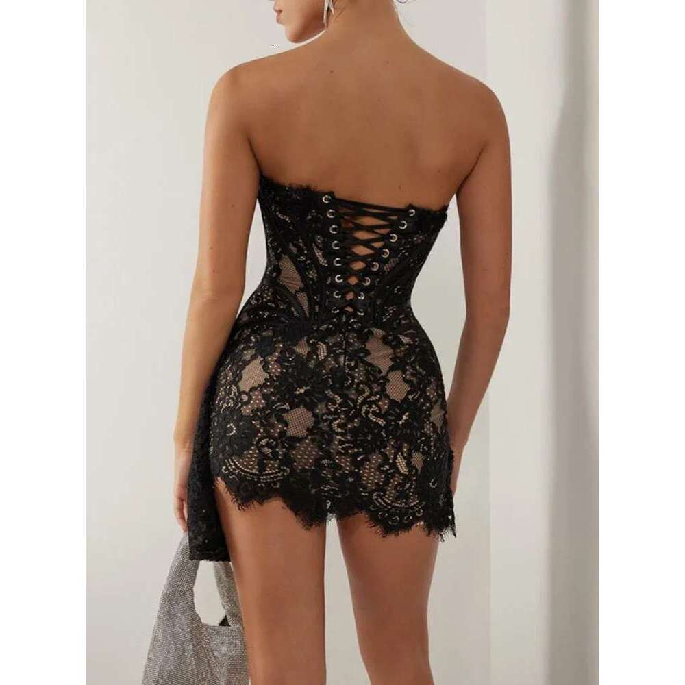 TARUXY Sexy Lace See-through Patchwork Corset Female Bodycon Elegant Party MIrrgualr Mini Women Tube Top Dress New