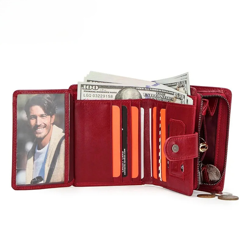 Women's RFID Genuine Leather Compact Coin Zipper Wallet, Red 241028 New Free Delivery Designer Bag