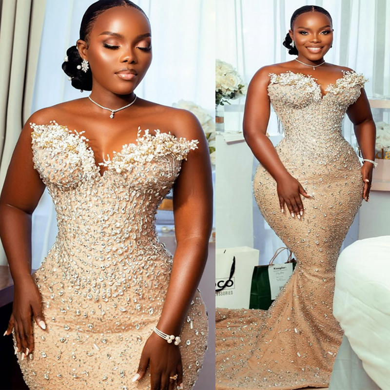 2025 Plus Size Aso Ebi Prom Dress Mermaid Prom Dresses Evening Formal Gowns Sheer Neck Beaded Sequined Lace Rhinestones Birthday Dress Second Receptio