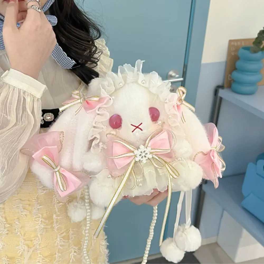New Plush Bag Cute Bunny Lolita Element Shoulder Bag Kawaii Princess Sweet Pearl Chain Crossbody Bags Long-eared Rabbit Purse Z250512