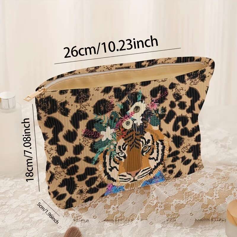 Fashionable Tiger Leopard Print Corduroy Makeup Zipper, Lightweight Multifunctional Cosmetic Storage Bag With Lining