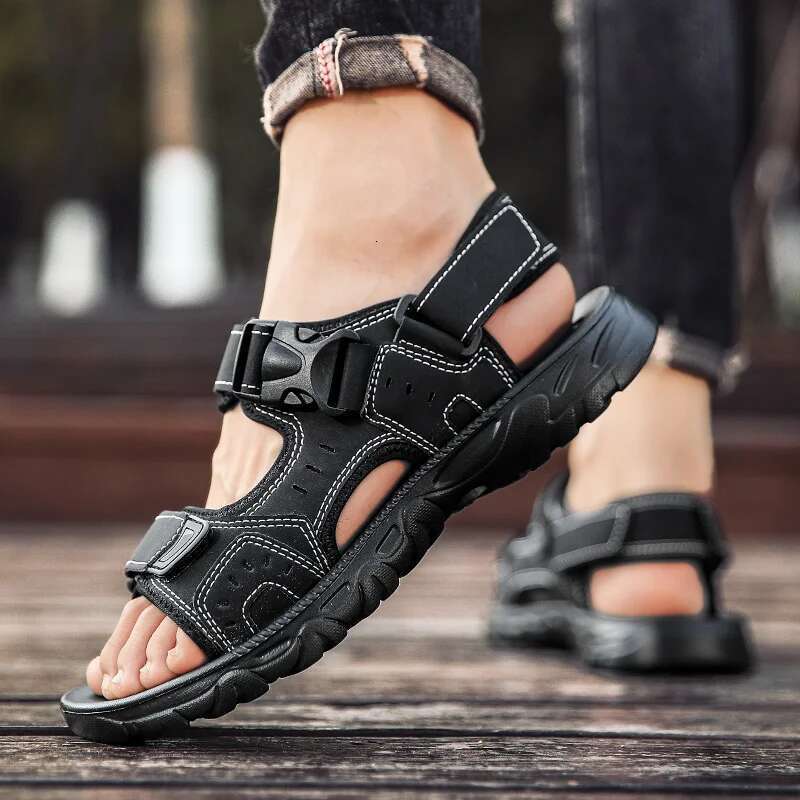 Summer PU Leather Lightweight Open Toe Flat Mens Casual Outdoor Walking Sandals for Men Beach Shoes Size 39-46