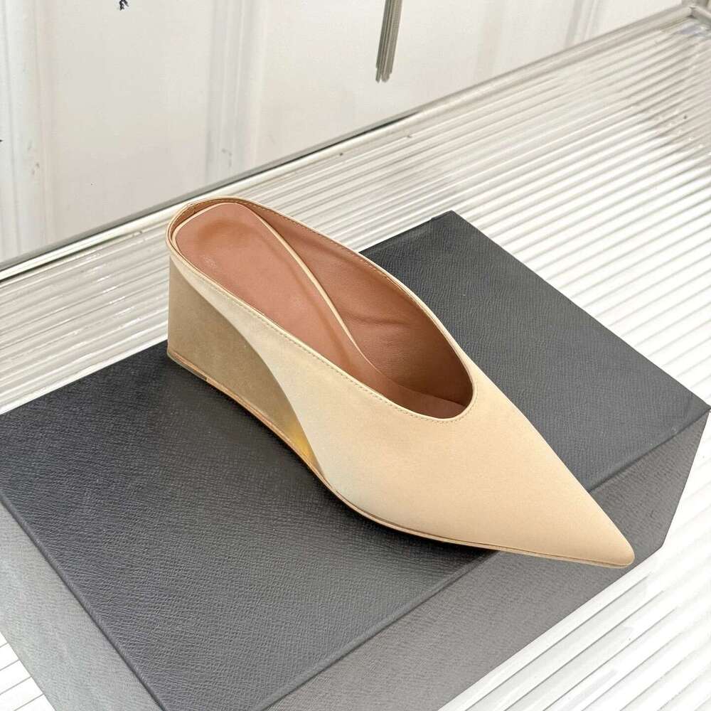 New Women Size35-41 Silk Genuine Leather Mules High Heels Wedges Slippers Flat Platform Designer Shoes Zapatillas De Mujer