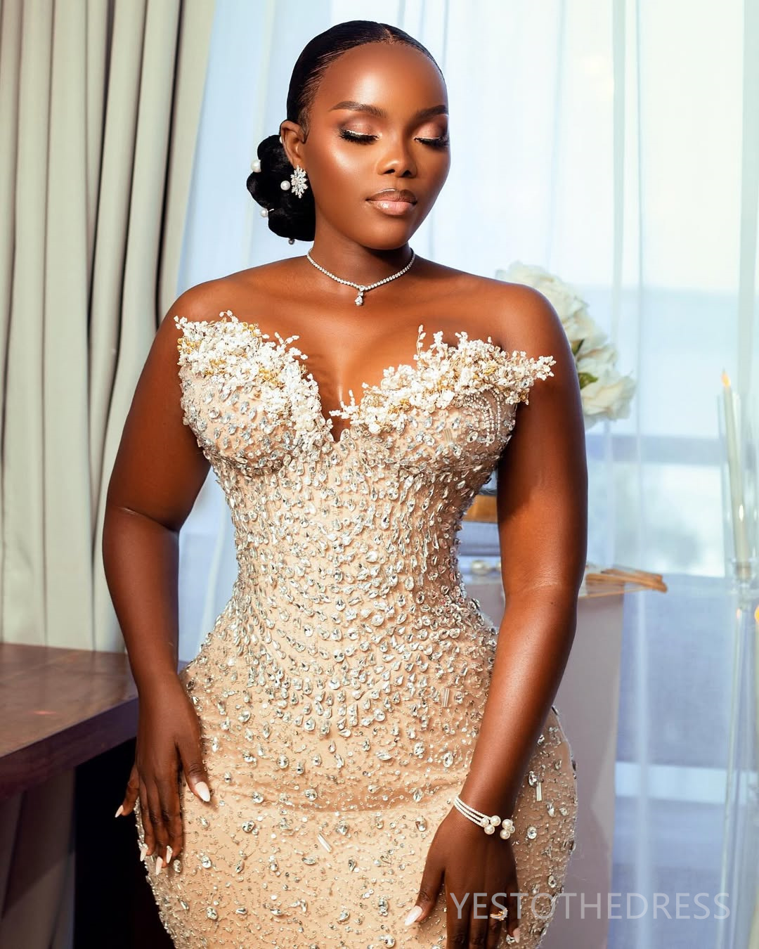 2025 Plus Size Aso Ebi Prom Dress Mermaid Prom Dresses Evening Formal Gowns Sheer Neck Beaded Sequined Lace Rhinestones Birthday Dress Second Receptio