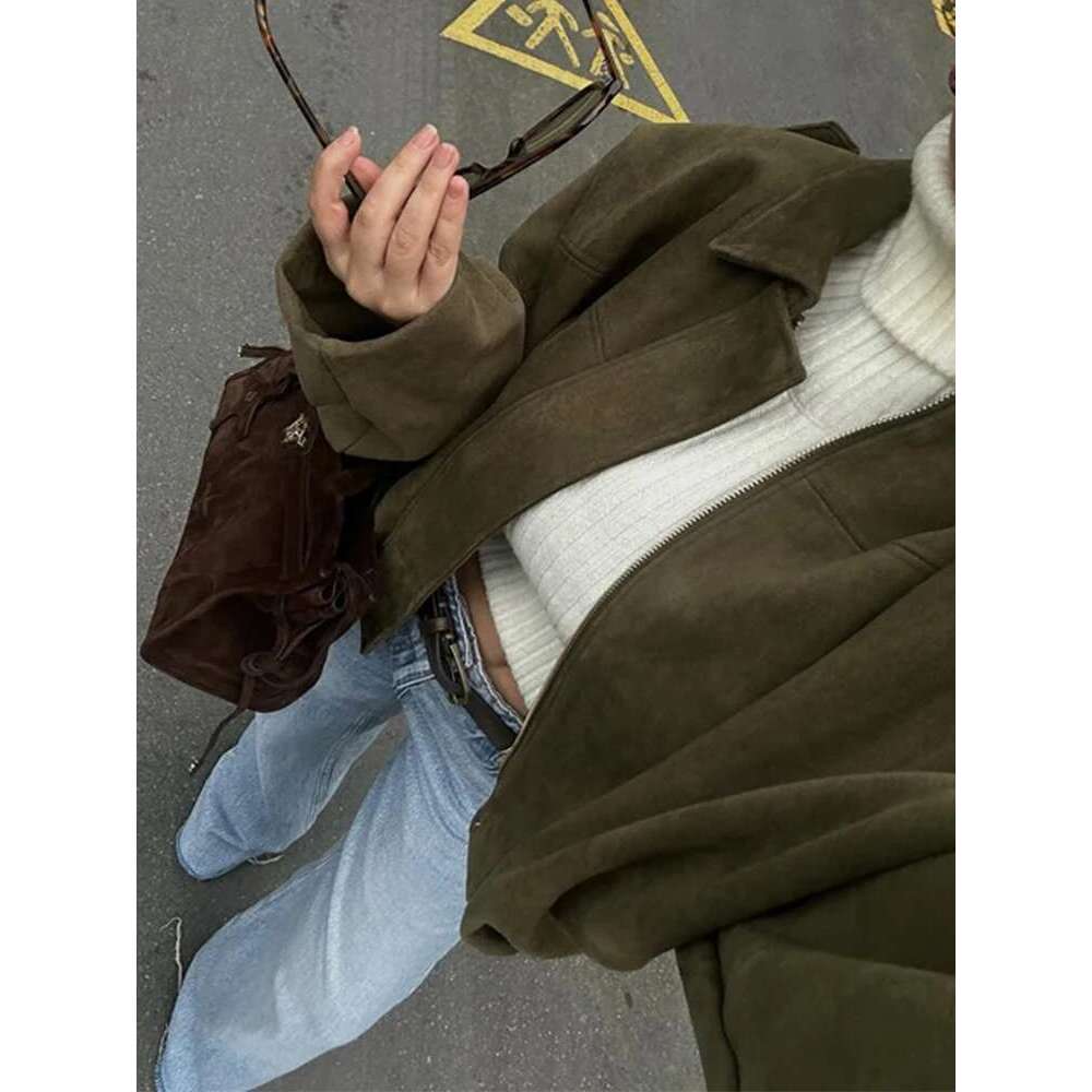 Fashion Women Green Suede Jacket 2025 New Spring Lapel Long Sleeve Zipper Oversize Bomber Coat Chic Female High Street Outerwear
