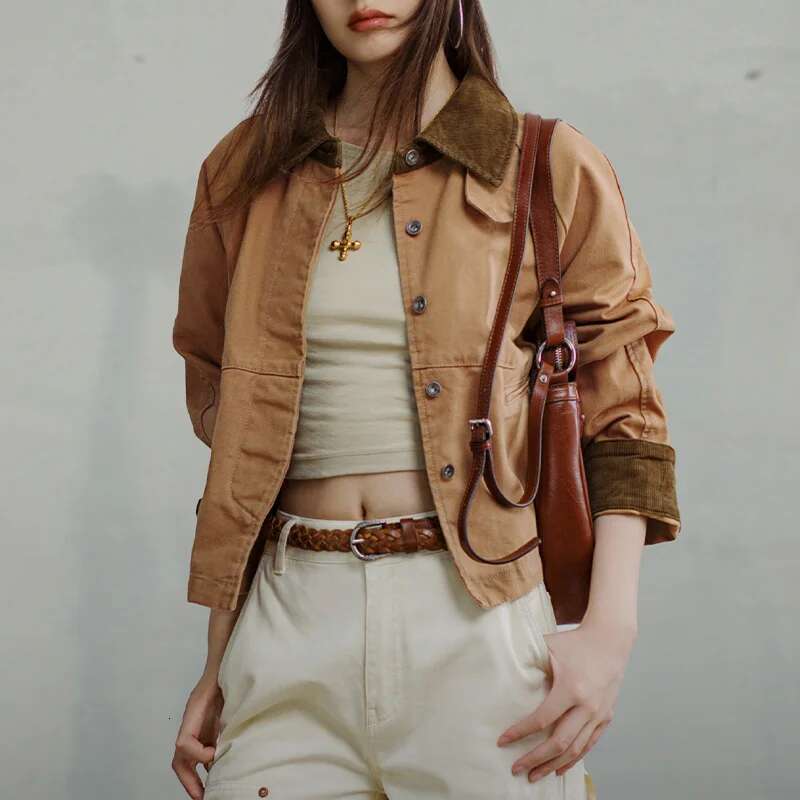 Maden Retro Khaki Corduroy Collar Jacket Heavyweight Canvas Outerwear Loose Fit Casual Coat for Women's Autumn and Winter Tops
