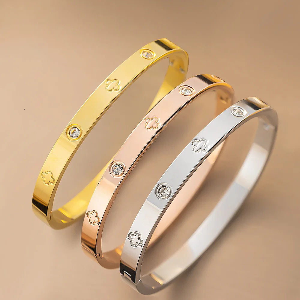 Htpwe Stainless Steel Zirconium Embossed Bracelet Set For Women 18k Gold Plated Couple Holiday Gift Party Daily Jewelry 250512