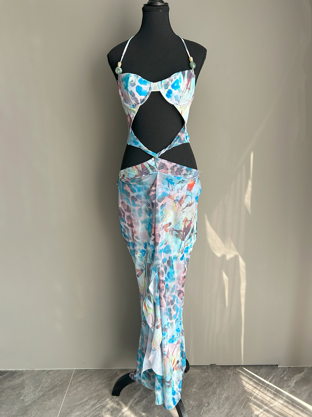 Casual Dresses Vintage Green Printed Bikini Ruffles Hem Midi Dress Sexy Cut Out Halter Side Slit For Women Summer Beach Playwear 2025
