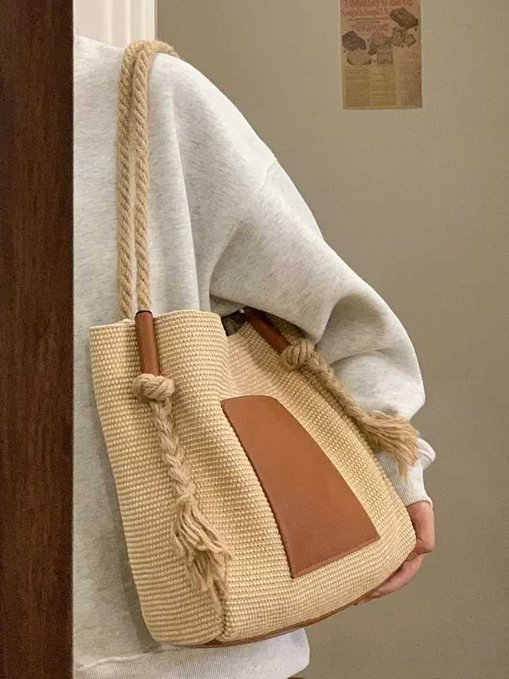 PU Leather Bucket Shoulder Bags for Women Woven Rope Hand Bag Female Large Handle Bag Purse Z250512-1