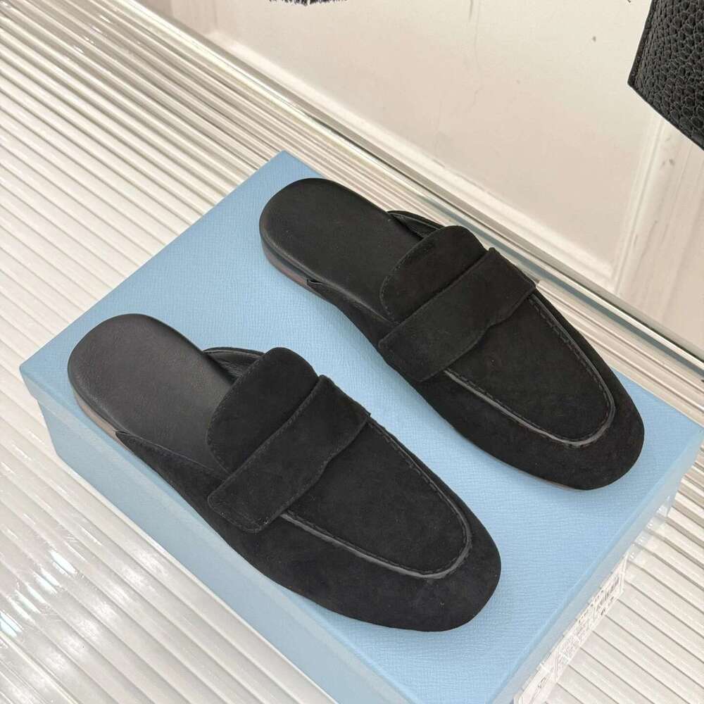 Women Size35-41 Natural Cow Suede Mules Low Heels Square Toe Slides Solid Colors Retro Designer Shoes Zapatillas De Mujer