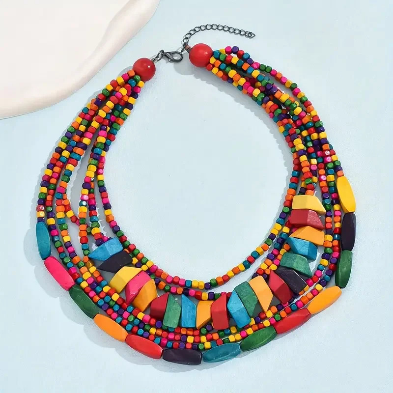 1pc Vintage Bohemian Style Colorful Wood Layered Necklaces Exaggerate Lively Fashion Elegant Casual Party Jewelry For Wome 250512