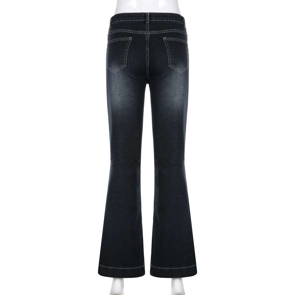 Rockmore Vintage Flare Jeans Women Low Rise Fashion Washed Jean Pants Y2K Aesthetic High Street Denim Trousers Korean Casual New