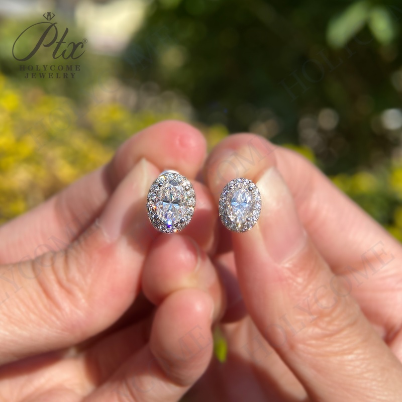 Oval Shaped Halo Moissanite Stud Earrings Pendant Necklace Set 1 Carat White Gold Finish 925 Sterling Silver for Bridal Jewellery