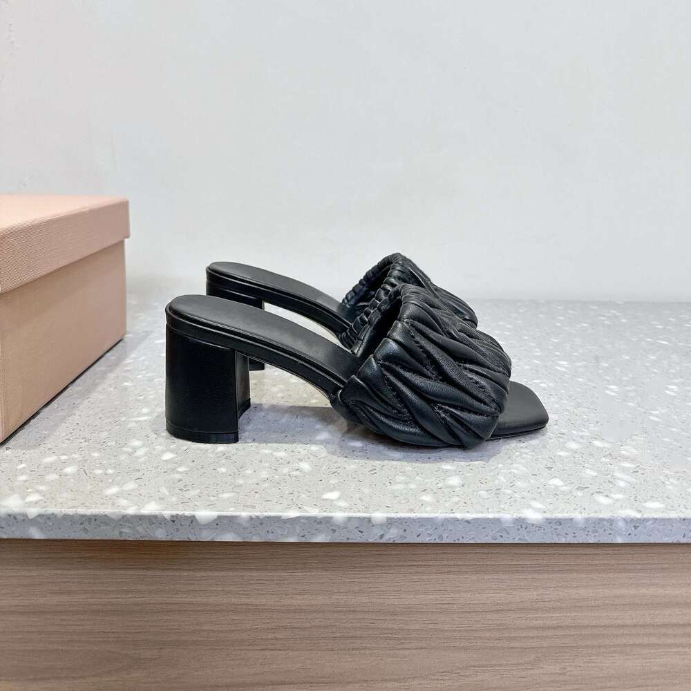 Women Size35-41 Genuine Leather Slippers High Heels Pleated Sewing Pumps Summer Slides Designer Shoes Zapatillas De Mujer