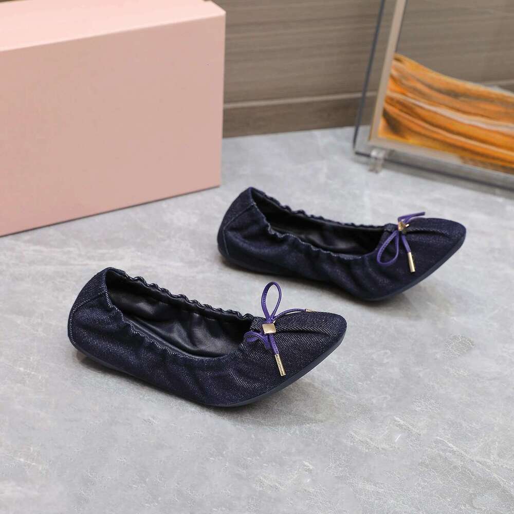 Women Genuine Leather Ballet Flats Denim Butterfly Knot Elastic Band Pleated Round Toe Designer Shoes Zapatillas De Mujer