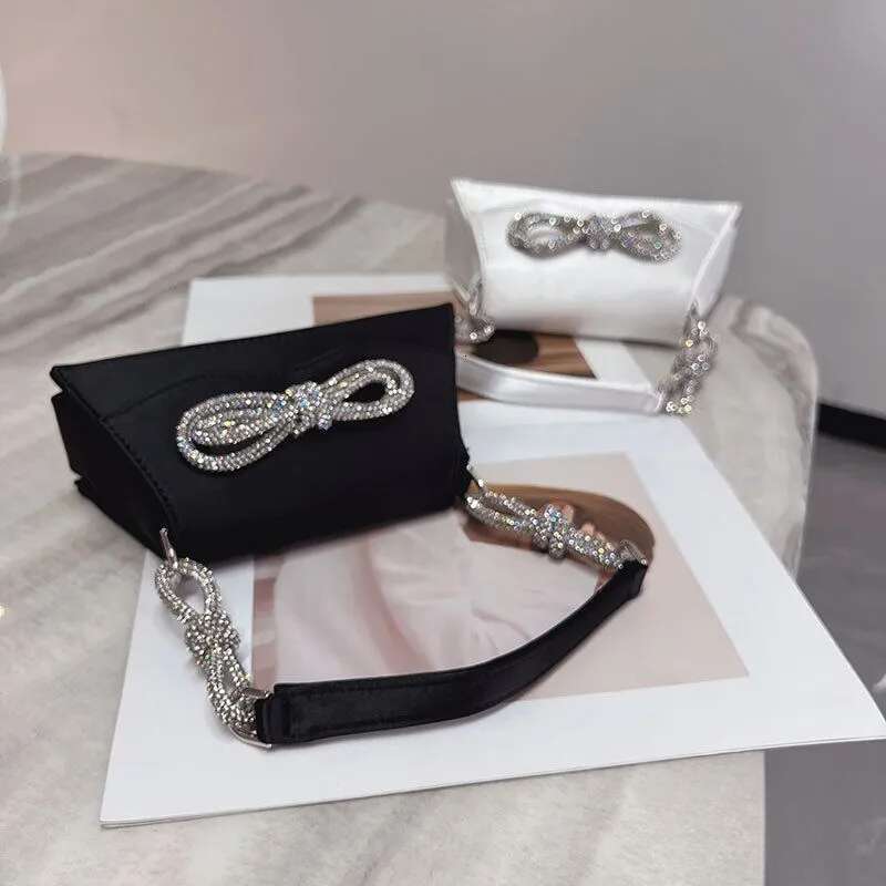 Fashion Evening Bags Rhinestone Bow Satin Handbag Ladies Cute Shiny Mini Shoulder Bag