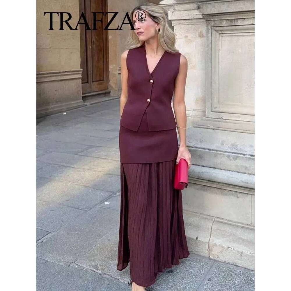 TRAFZA 2024 Women Set Wine Red Knitted V-Neck Sleeveless Slim Vest +Solid High Waist Zipper Patchwork Long Skirt Street
