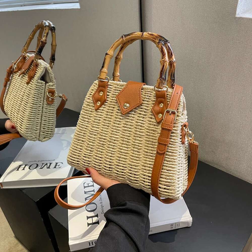 Summer Weaving Underarm Bamboo Handle Shopping Tote Bag Handmade Casual Simple Portable Adjustable Strap for Seaside Holiday