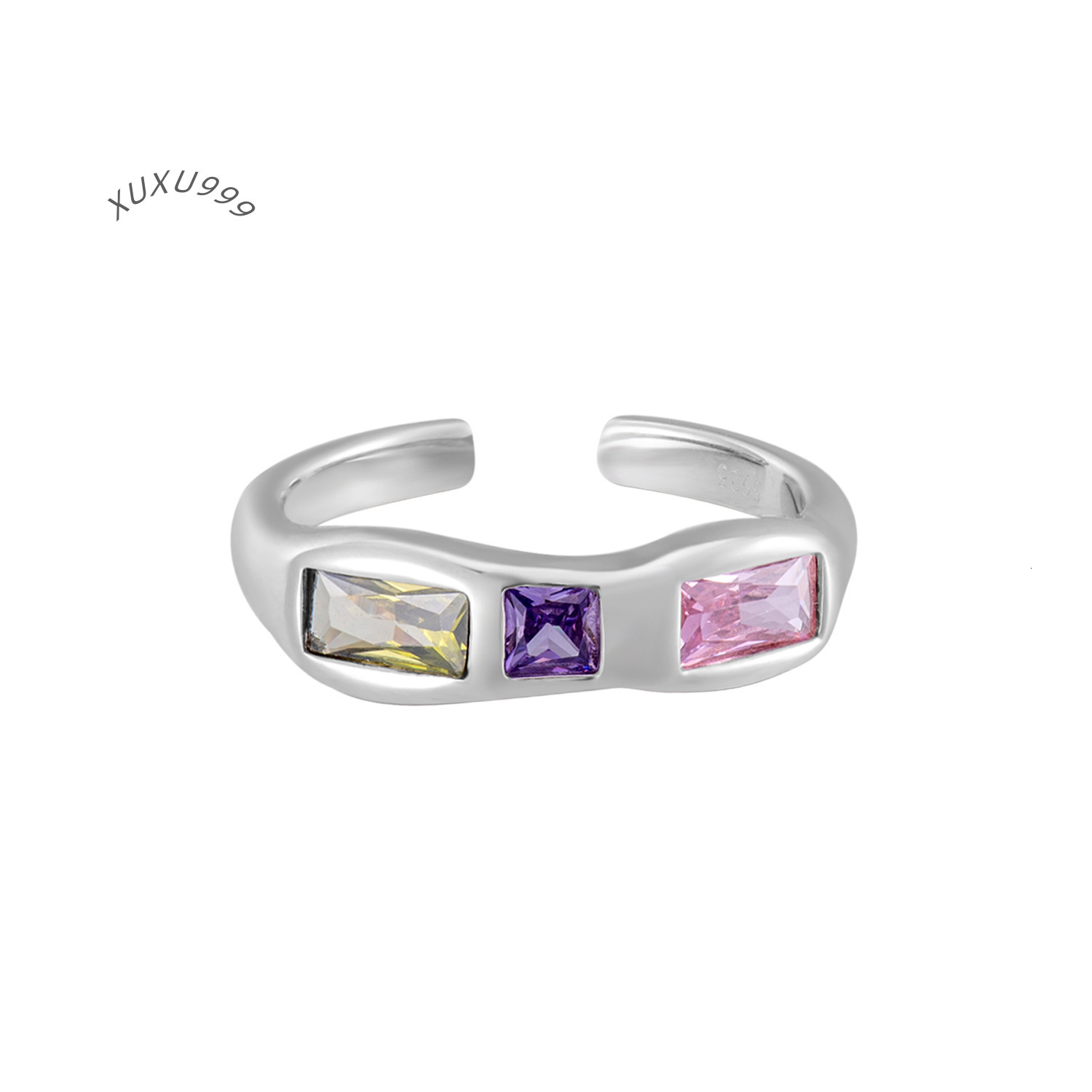 925 Sterling Silver Korean Version Joker Ring Inlaid Color Zircon Open Design Irregular Contrast Perfect Engagement Wedding Gift