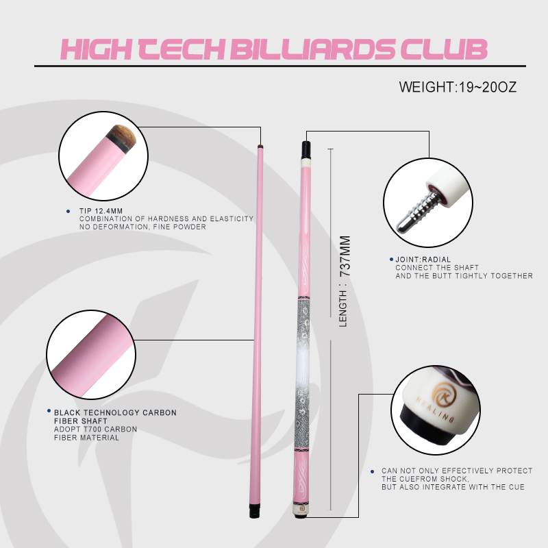 OKHEALING 12.4mm Break Cue Tip Black Technology Carbon Fiber Shaft Butt 147cm 19~20oz Radial Pin Joint Pink Billiard Cue Pool Game Cues